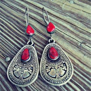 BOHO Earrings Dangle Drop Hook Red Amber Stone NEW